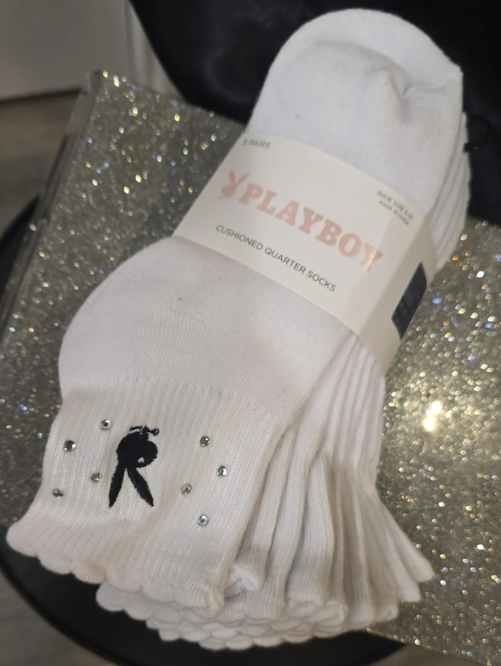 Playboy Bunny Rhinestone Logo Cushioned Ruffled Quarter Socks - 5-Pack
